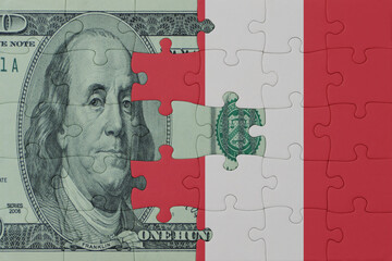 puzzle with the national flag of peru and dollar money banknote. macro.concept.