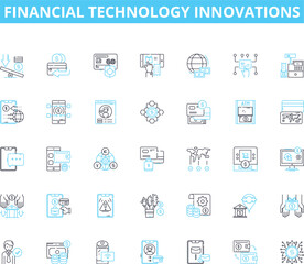 Financial technology innovations linear icons set. Cryptocurrency, Blockchain, Digital wallets, Peer-to-peer lending, Robo-advisors, Artificial intelligence, Biometrics line vector and concept signs