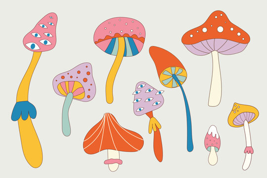 Groovy hippie 70s set. Funny cartoon flower, rainbow, Love, heart, daisy, mushroom etc. Sticker pack in trendy retro psychedelic cartoon style. Isolated vector illustration. Retro vintage flowers.