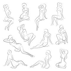 Collection. Silhouette of a woman in a modern continuous line style. The girl is slim and beautiful. Lady suitable for decor, posters, stickers, logo. vector illustration set.