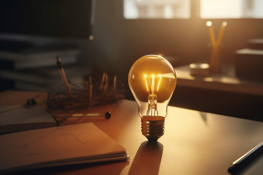 idea concept with a light bulb on the table. Generative AI
