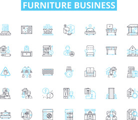 Furniture business linear icons set. Quality, Comfort, Durability, Style, Elegance, Sophistication, Design line vector and concept signs. Craftsmanship,Versatility,Functionality outline illustrations