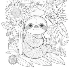 Sloth vector coloring book black and white for kids and adults isolated line art on white background.