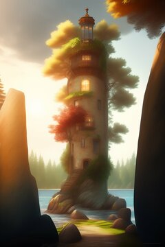 Imaginary medieval tower amidst rocks and trees near a water source