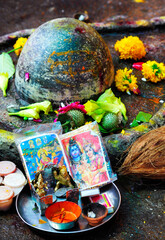 Hindu people offer prayers to shiva linga, symbolic form of God Shiva in a temple