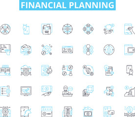financial planning linear icons set. Budgeting, Investing, Retirement, Savings, Goals, Insurance, Debt line vector and concept signs. Asset,Income,Expense outline illustrations