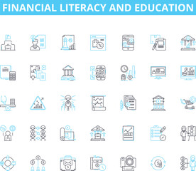 Financial literacy and education linear icons set. Budgeting, Saving, Investing, Credit, Debt, Interest, Budget line vector and concept signs. Retirement,Taxes,Stock outline illustrations