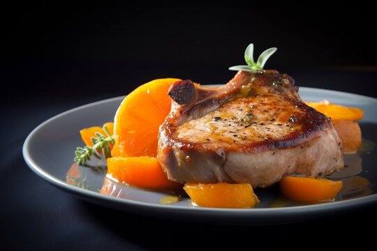 Beautifully pan seared pork chop served on white plate with citrus, sage and thyme. AI Generated
