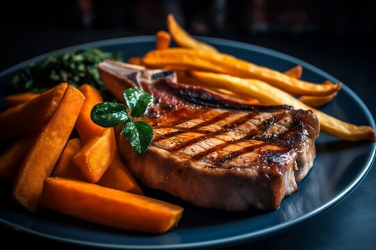 Juicy grilled pork chop served on blue plate with crispy fries. AI Generated