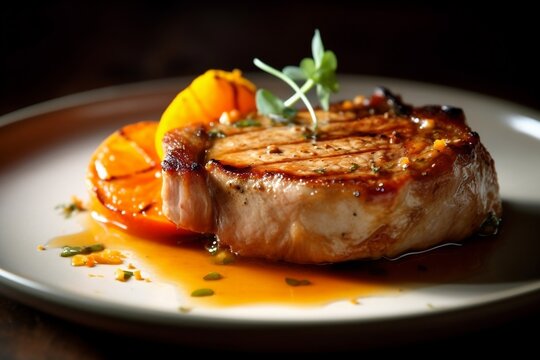 Luscious closeup of grilled pork chop served on white plate with grilled citrus. AI Generated

