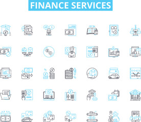 Finance services linear icons set. Investment, Budgeting, Taxation, Accounting, Wealth, Retirement, Savings line vector and concept signs. Loans,Insurance,Interest outline illustrations