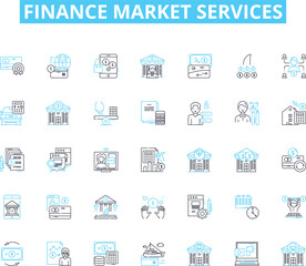 Finance market services linear icons set. Wealth, Investment, Stocks, Benefits, Retirement, Trading, Securities line vector and concept signs. Portfolio,Bonds,Equity outline illustrations
