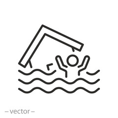 Obraz premium flood icon, person drowns and calls for help, house in water waves, line symbol on white background - editable stroke vector illustration eps10