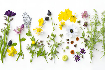 various wild flowers lying on neutral white background, flat display - 597583908