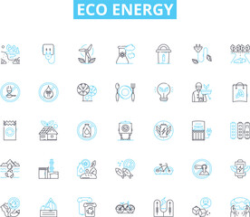 Eco energy linear icons set. Solar, Wind, Hydro, Geothermal, Biomass, Renewable, Sustainable line vector and concept signs. Efficient,Green,Electric outline illustrations