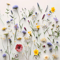 various wild flowers lying on neutral white background, flat display - 597583952