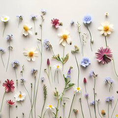 various wild flowers lying on neutral white background, flat display - 597583959