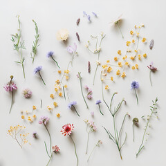 various wild flowers lying on neutral white background, flat display - 597583976
