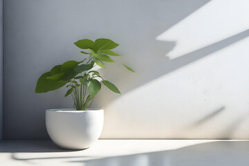 Modern white vase with green plant on stone counter table with free and empty space for product display - 597583987