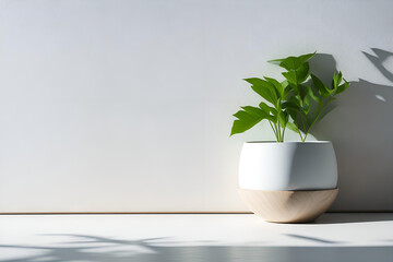 Modern white vase with green plant on stone counter table with free and empty space for product display - 597583996