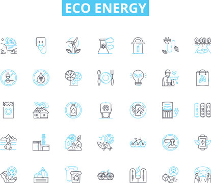 Eco energy linear icons set. Solar, Wind, Hydro, Geothermal, Biomass, Renewable, Sustainable line vector and concept signs. Efficient,Green,Electric outline illustrations