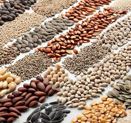 Multitude of various seeds on neutral white background - 597584125