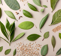 various herbal leaves and seeds on neutral background - 597584143