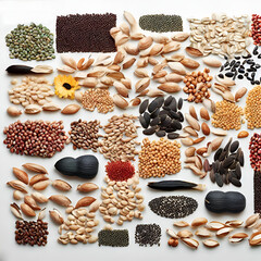 Multitude of various seeds on neutral white background - 597584145