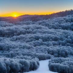 hills winter sunset snow trees frost wintry cold