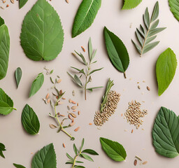 various herbal leaves and seeds on neutral background - 597584155