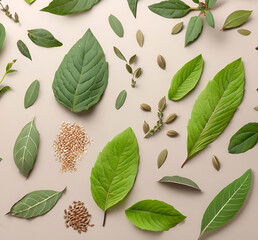 various herbal leaves and seeds on neutral background - 597584165