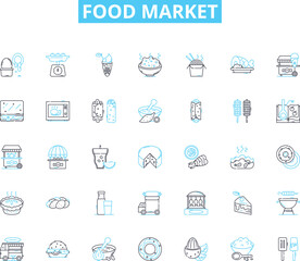 Food market linear icons set. Produce, Bakery, Meat, Seafood, Deli, Dairy, Snacks line vector and concept signs. Beverages,Spices,Organic outline illustrations