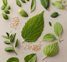 various herbal leaves and seeds on neutral background - 597584176