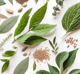 various herbal leaves and seeds on neutral background - 597584197