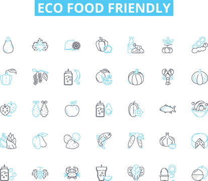 Eco food friendly linear icons set. Sustainable, Organic, Locally-sourced, Plant-based, Biodegradable, Compostable, GMO-free line vector and concept signs. Low-carbon,Earth-friendly,Vegan outline