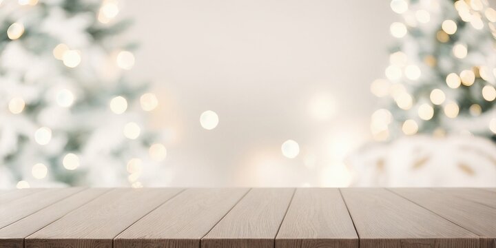 Christmas background, empty table in festive lit room generative ai illustration