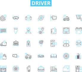 Driver linear icons set. Pedal, Steering, License, Gearbox, Vehicle, Accelerate, Brake line vector and concept signs. Road,Highway,Traffic outline illustrations
