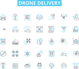 Drone delivery linear icons set. Drs, Delivery, Unmanned, Aerial, Logistics, Efficiency, Innovation line vector and concept signs. Future,Technology,Autonomous outline illustrations