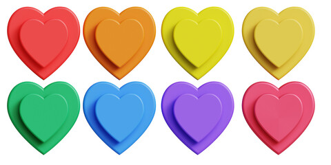 Set of 3D colorful hearts, rainbow colors.