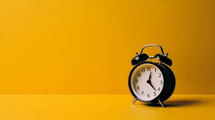 A alarm clock on a yellow background with copy space. Created with Generative AI Technology