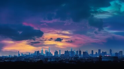 Fototapeta premium Aerial scenic vivid colorful sunset clouds on epic skyscape with moon. Kharkiv city center, residential district streets in evening light. Generative ai