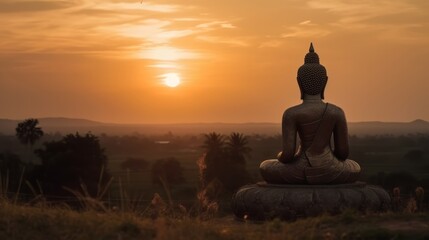 Buddha statue on the background of the sunset. Generative ai