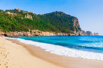 Obraz premium Cleopatra beach and old castle in Alanya, Antalya district, Turkey