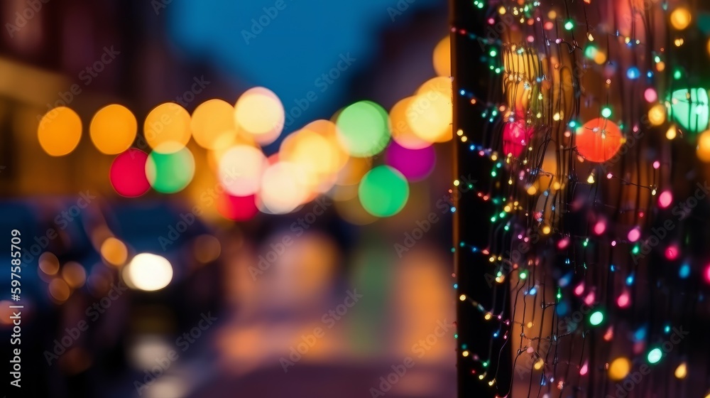 Poster colorful bokeh lights in the city. generative ai