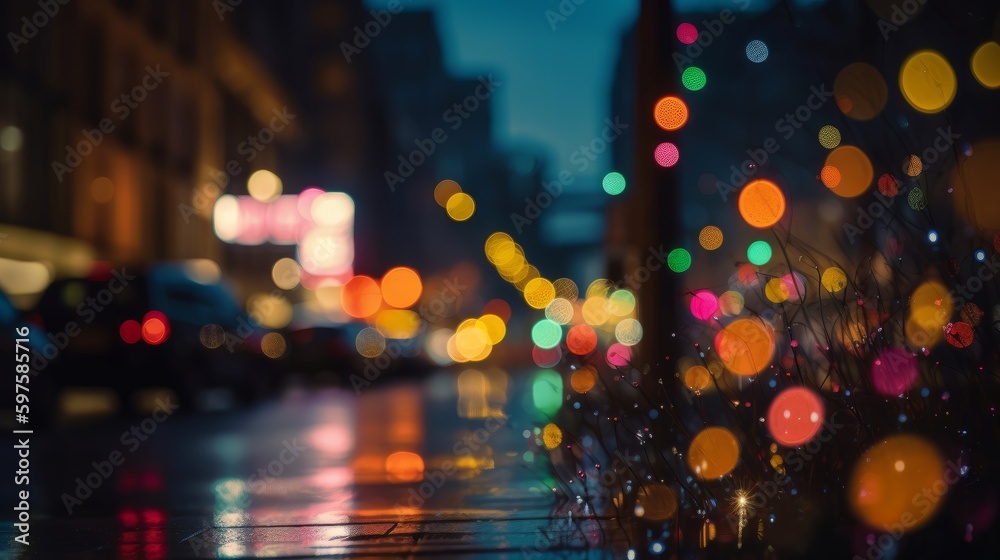 Poster colorful bokeh lights in the city. generative ai