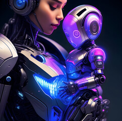 a cyborg woman with a robot baby