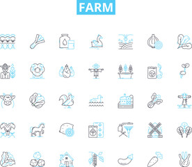 Farm linear icons set. Harvest, Livestock, Plow, Crops, Hay, Seeds, Tractor line vector and concept signs. Fertilizer,Agriculture,Barn outline illustrations