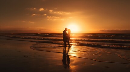 Fototapeta premium Couple kissing on the beach with beautiful sunset. Generative ai
