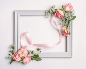 Obraz na płótnie Canvas white frame centered with pink and green ribbons , Generative AI