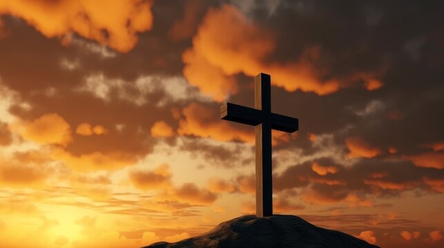 Silhouette cross on mountain sunset background, Easter concept. Generative ai